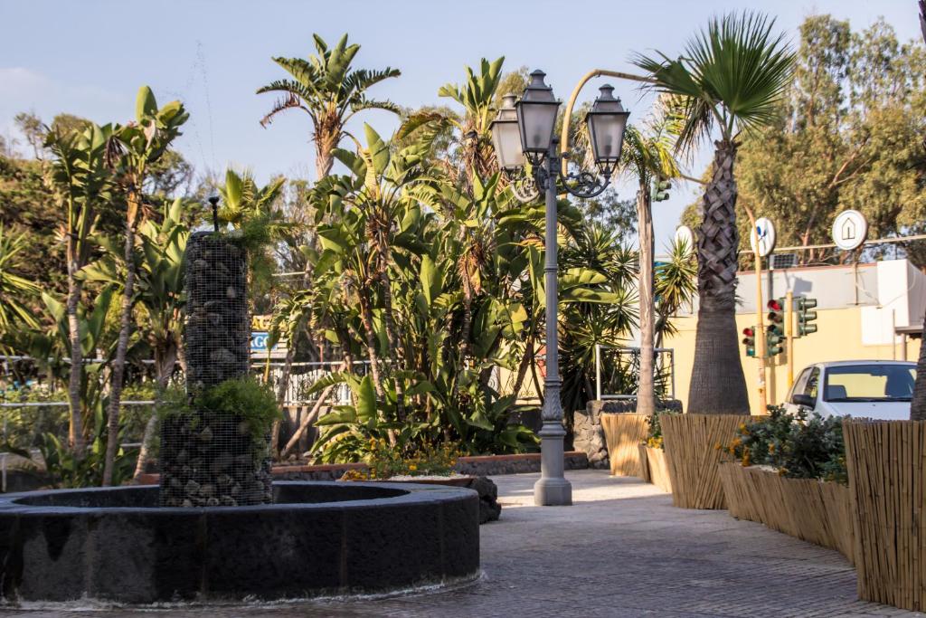 une lumière de rue à côté d'une fontaine avec des palmiers dans l'établissement Miramare Hotel, à Catane 55 autres photos