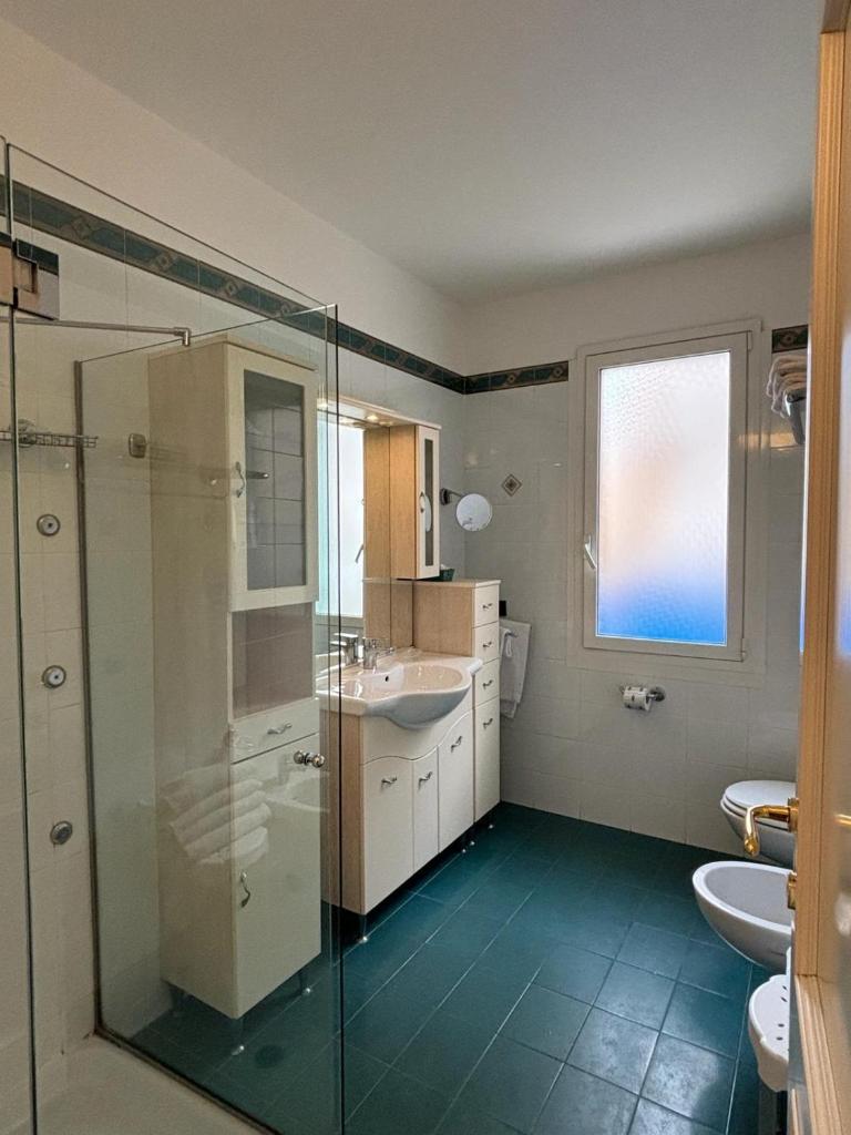 une salle de bain avec une douche en verre et un lavabo dans l'établissement Hotel Delle Rose, à San Bartolomeo al Mare