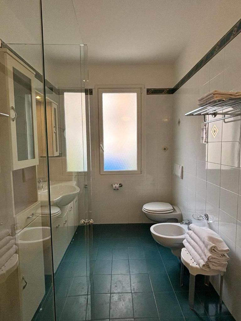 une salle de bain avec toilettes, lavabo et douche dans l'établissement Hotel Delle Rose, à San Bartolomeo al Mare