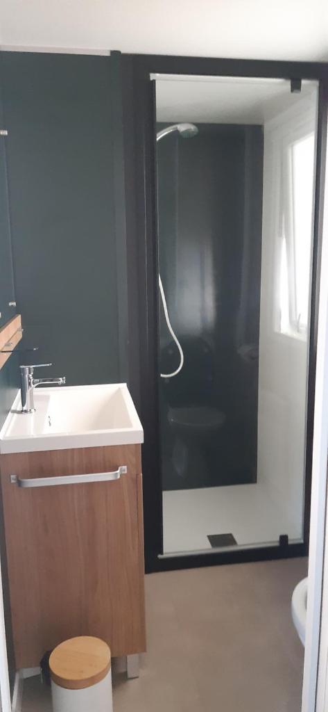 une salle de bain avec un lavabo et une douche avec un miroir dans l'établissement mobil home Piriac 2 chambres 4 à 6 pers, à Piriac-sur-Mer