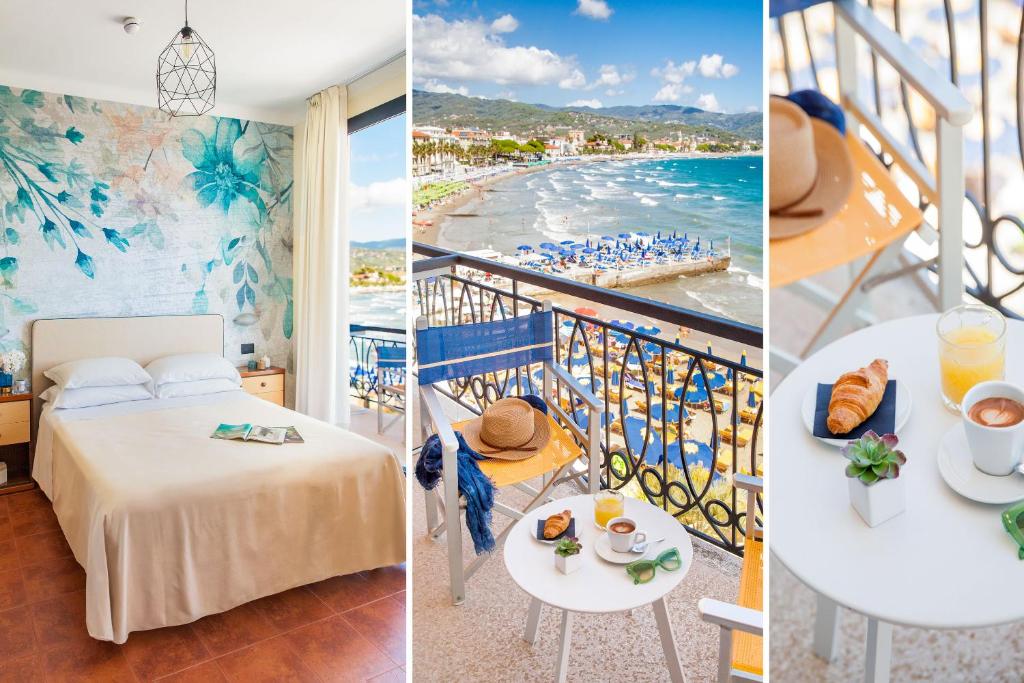 une chambre d'hôtel avec vue sur la plage et une chambre dans l'établissement Hotel Golfo e Palme, à Diano Marina