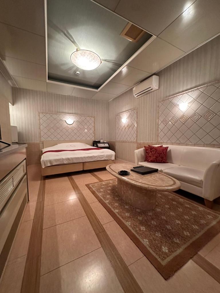 une chambre avec un lit, un canapé et une table dans l'établissement ホテルエリーゼマリオットHotel ELISE MARRIOTTO, à Tsuruoka