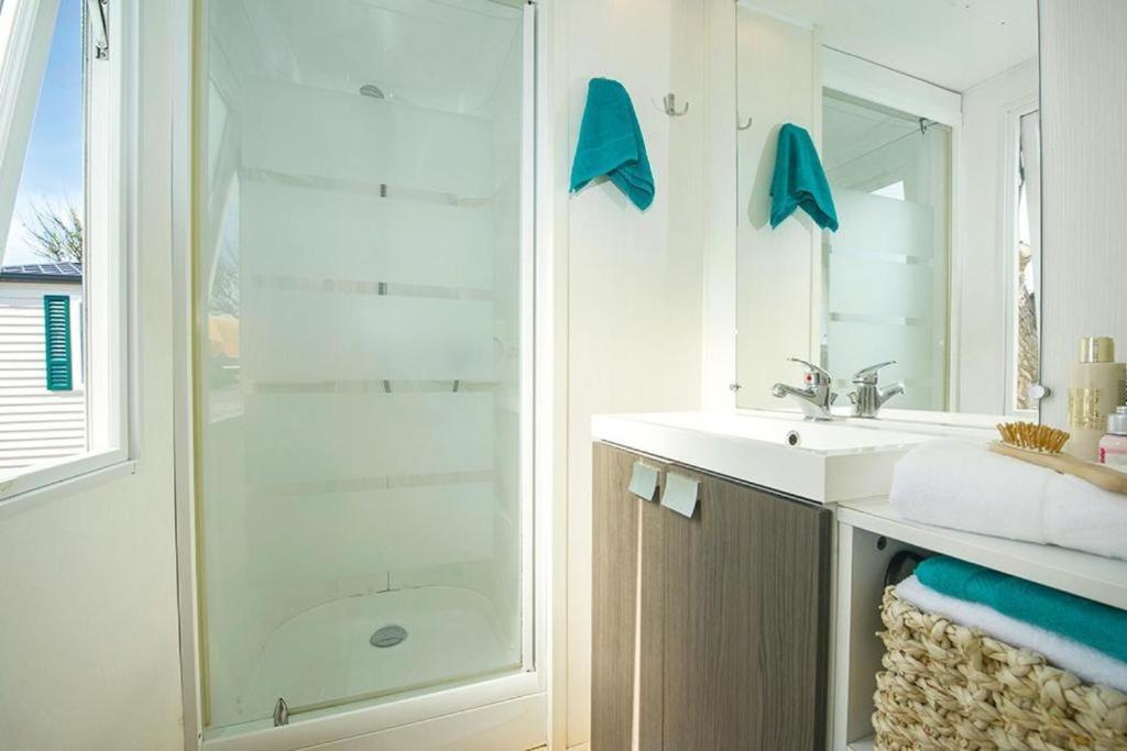 une salle de bain avec douche et lavabo dans l'établissement Camping Le Chêne Gris, à Pommeuse