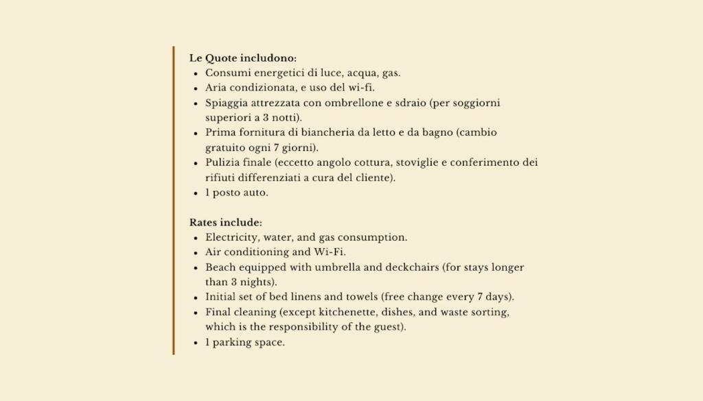 une page d’un document avec une liste de contrôle dans l'établissement ISA-Residence with private beach in Bosa Marina just 100 meters from the sea, à Bosa Marina