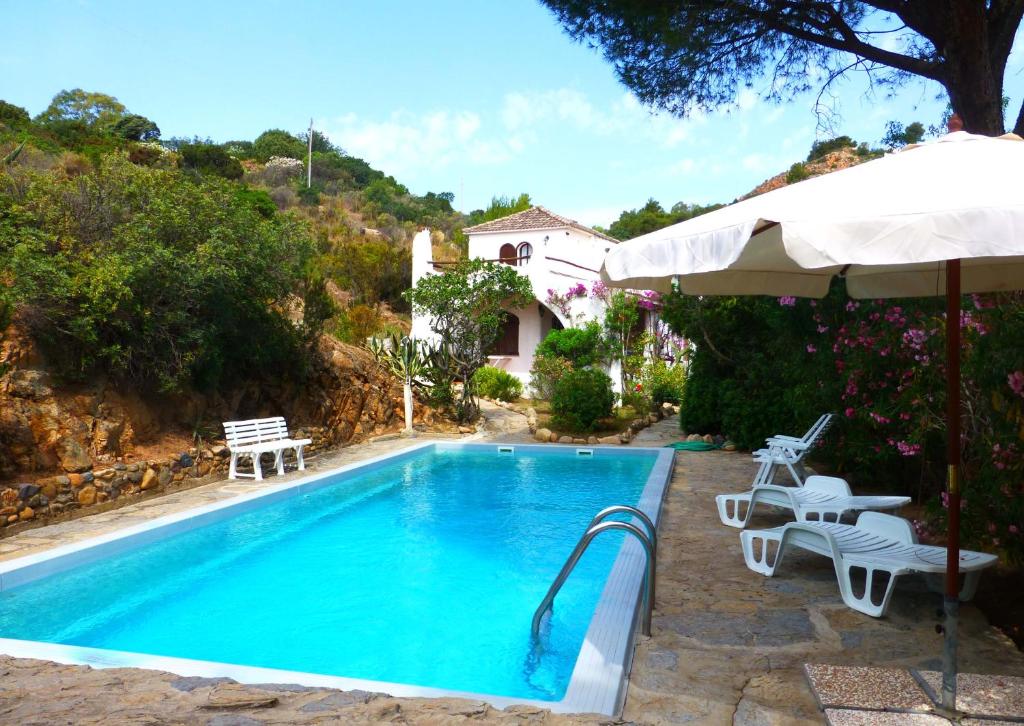 une piscine avec deux chaises et un parasol dans l'établissement Villa Anna Maria, à Santa Margherita di Pula