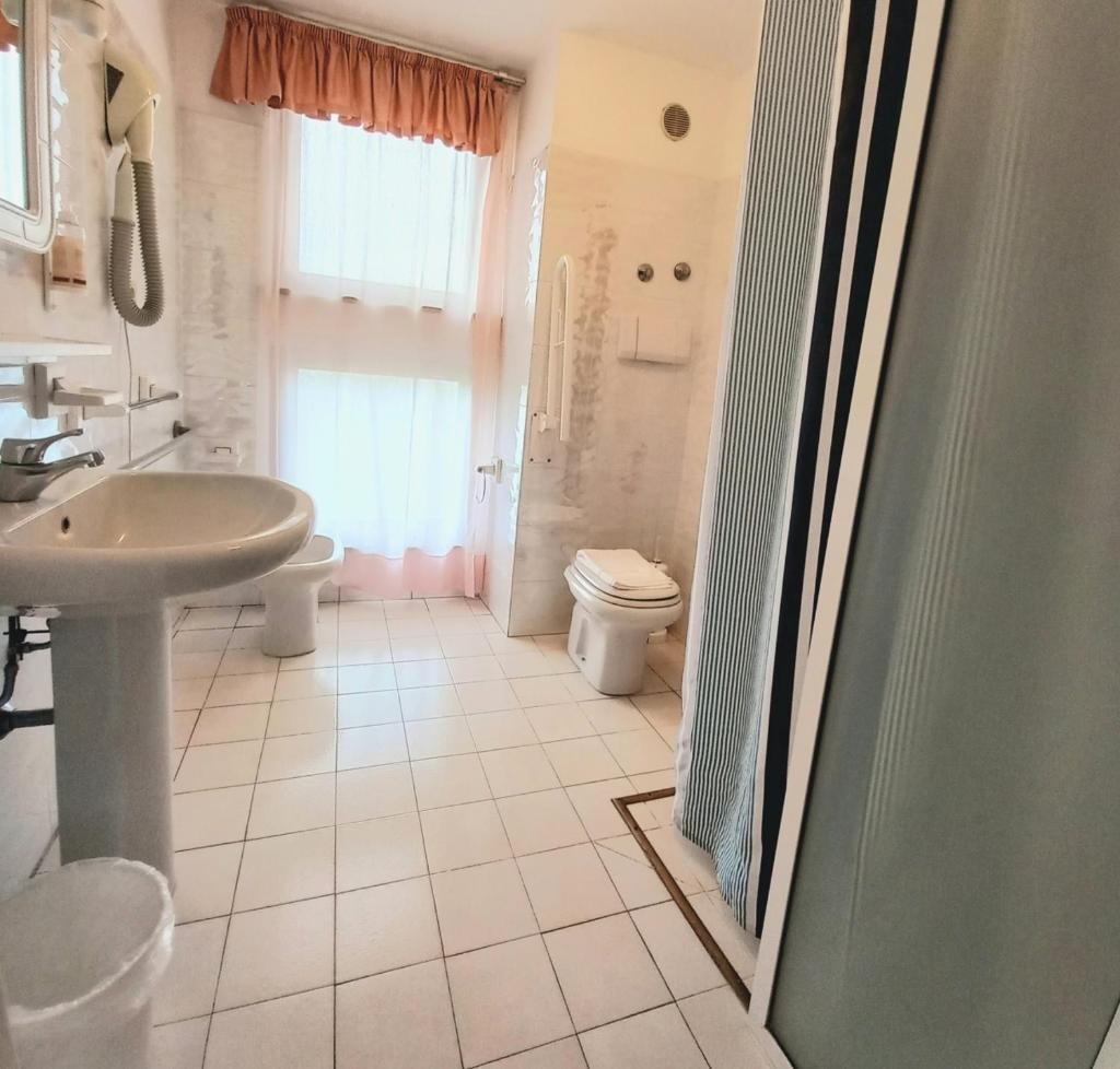 une salle de bain avec un lavabo, des toilettes et une douche dans l'établissement River Park Hotel, à Ameglia