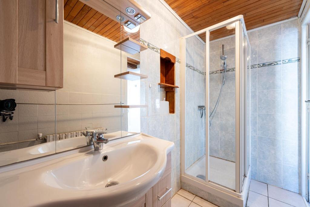 une salle de bain avec un lavabo et une douche dans l'établissement Chalet les aiguilles, à Albiez-Montrond