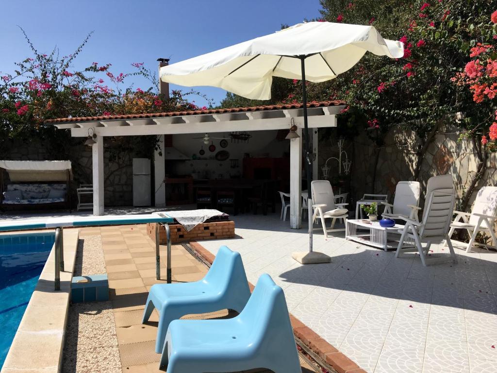 un patio avec des chaises et un parasol à côté d'une piscine dans l'établissement Villa lo Iacono, à Terrasini