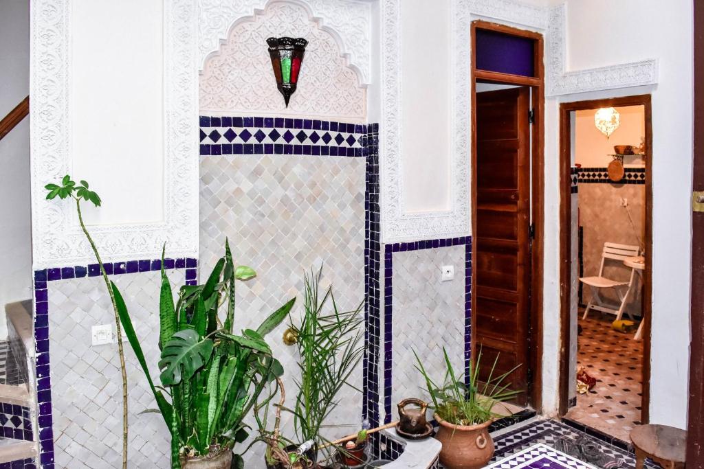 Cette chambre dispose de carrelage et de plantes en pot. dans l'établissement Dar Nineta, à Fès