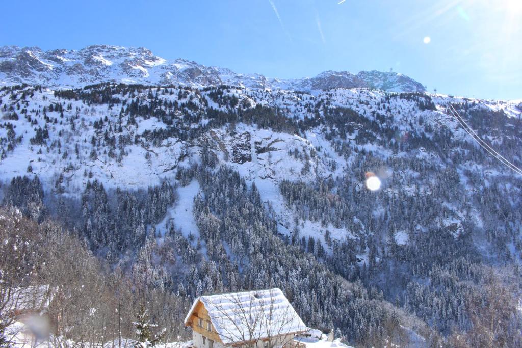 une montagne enneigée avec une maison au premier plan dans l'établissement Résidence les Valmonts Vaujany, à Vaujany 12 autres photos