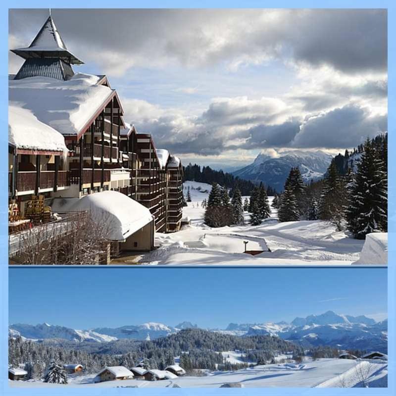 deux photos d'un bâtiment recouvert de neige dans l'établissement Les Terrasses du Mont blanc, à Praz de Lys - Sommand