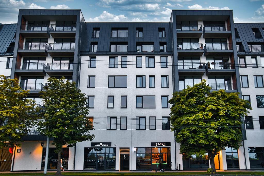 Modern central Riga apartment with balcony, gym access, dedicated parking, kitchen & AC 1