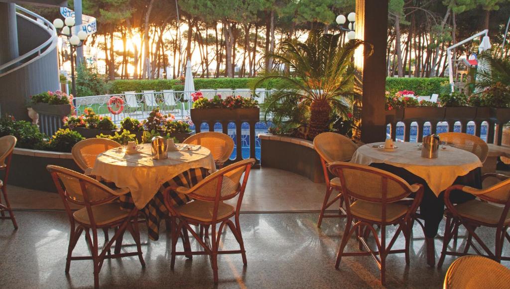 un restaurant avec deux tables, des chaises et des plantes dans l'établissement Hotel Meripol, à Alba Adriatica