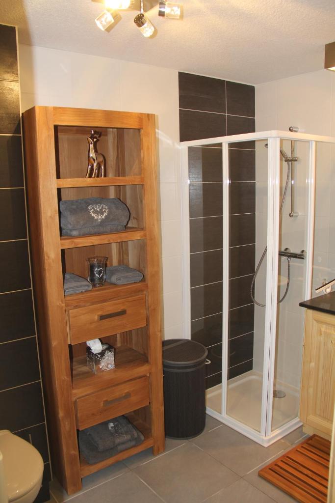 une salle de bain avec douche et toilettes dans une chambre dans l'établissement Résidence : Le Crystal Chalet, à Les Deux Alpes