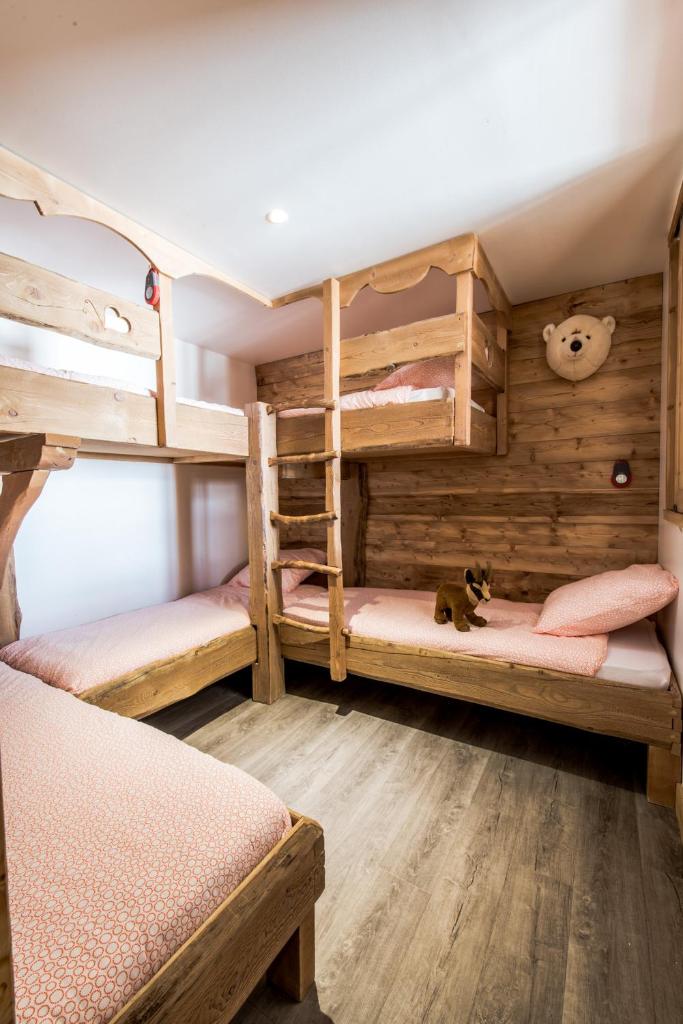 - une chambre avec 2 lits superposés et un chat au sol dans l'établissement Nazca J2, à Val Thorens
