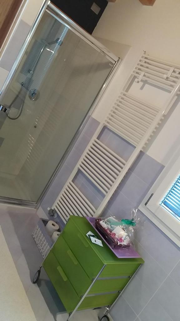 La salle de bains est pourvue d'une table verte et d'une douche. dans l'établissement Villa Posta Vecchia, à Loreo