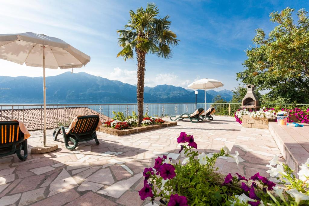 une terrasse avec des chaises, un palmier et de l'eau dans l'établissement Taki Village, à Brenzone