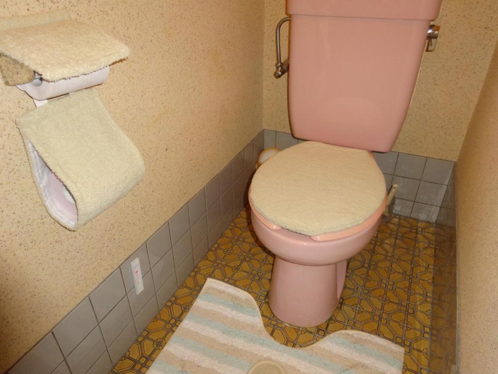 La salle de bains est pourvue de toilettes roses et d'une serviette. dans l'établissement Ishibu-so, à Matsuzaki 37 autres photos