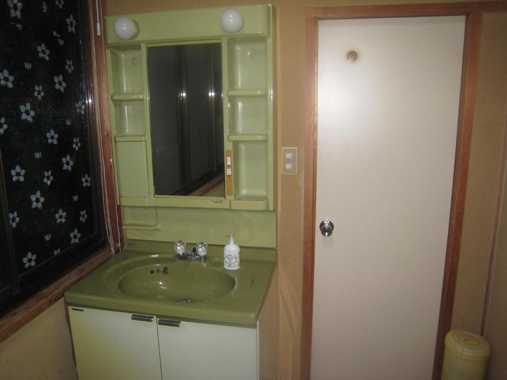 une salle de bain avec un lavabo vert et un miroir dans l'établissement Nitaya, à Minakami