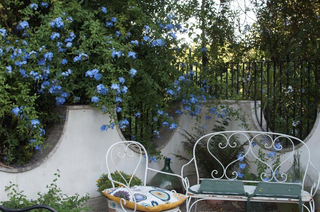 un jardín con un banco y flores azules en Il Giardino del Sole, en Roccarainola