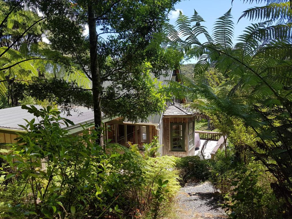 uma casa no meio de uma floresta de árvores em Whalers Cottage em Great Barrier Island