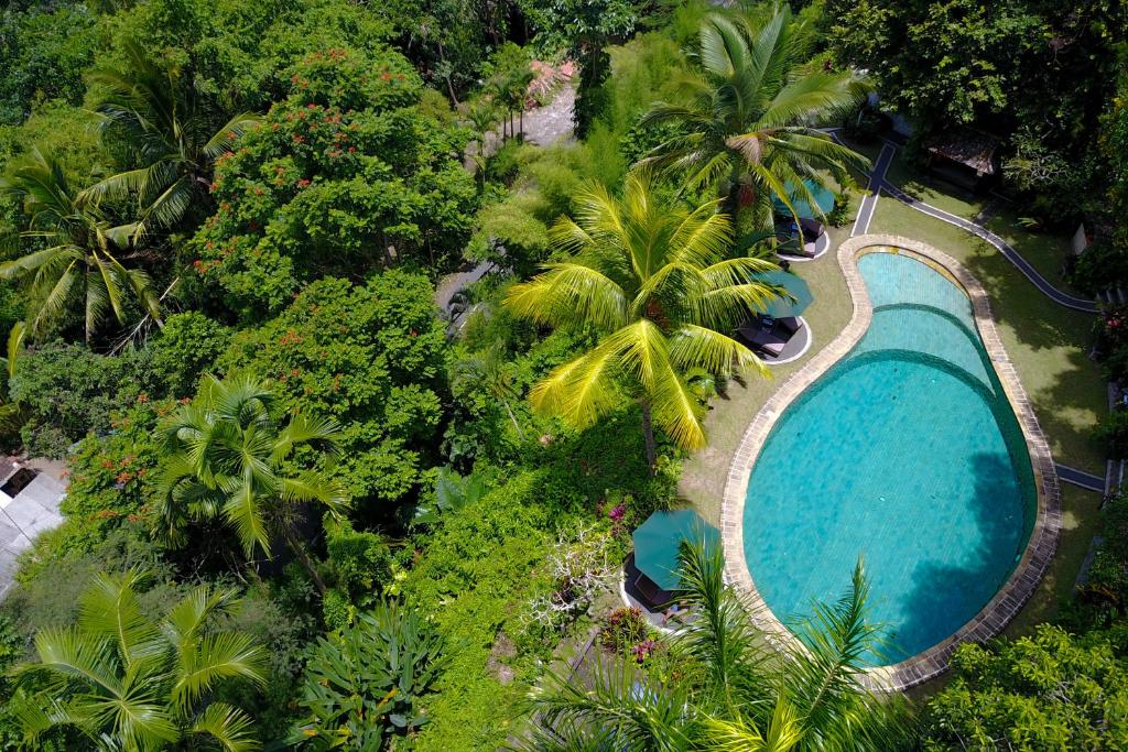 an overhead view of a swimming pool with palm trees at Alam Sari Hotel Keliki in Ubud