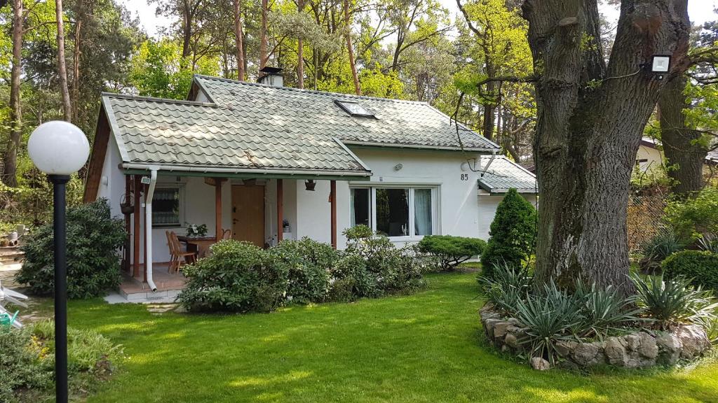 una pequeña casa blanca con un árbol en el patio en Fort Janowek en Janówek