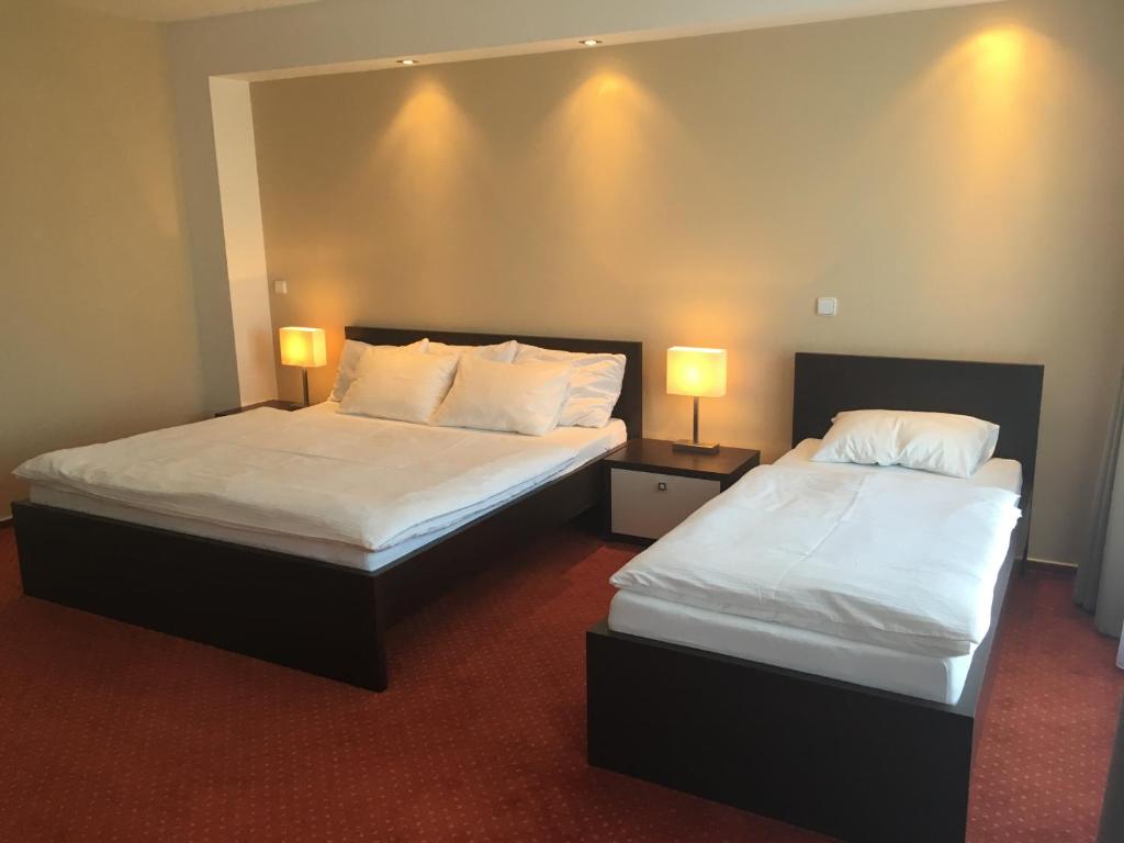 2 camas en una habitación con 2 lámparas en Penzion Hermina, en Veselí nad Moravou