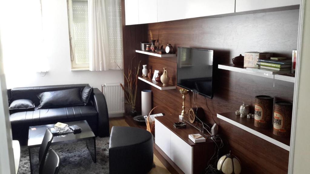 a living room with a leather couch and a television at Guest House Villa Krstic in Pirot