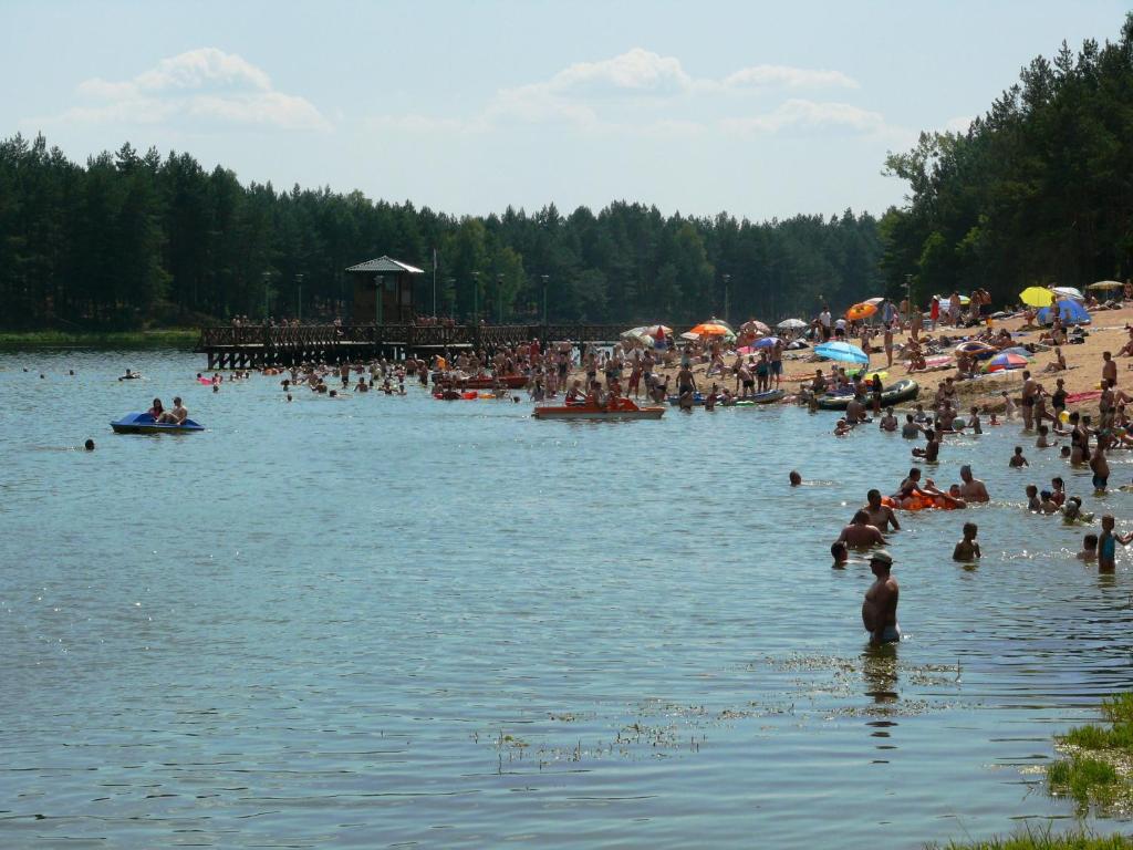 a large group of people on a beach in the water at Agroturystyka Pod Brzozami in Susiec