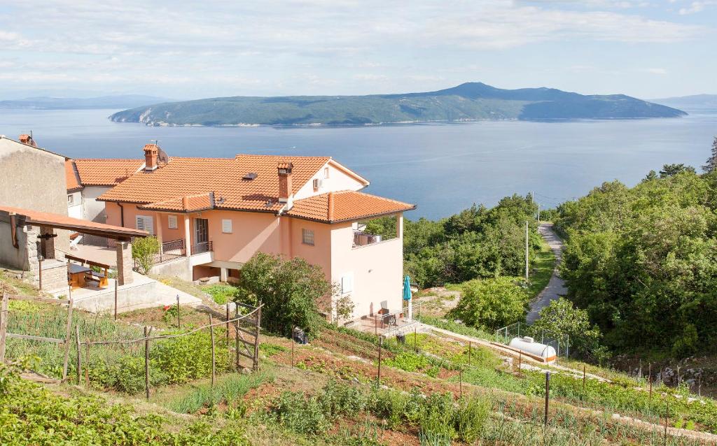 a house on a hill with a view of the water at Apartmani Sandra Rovini in Mošćenice