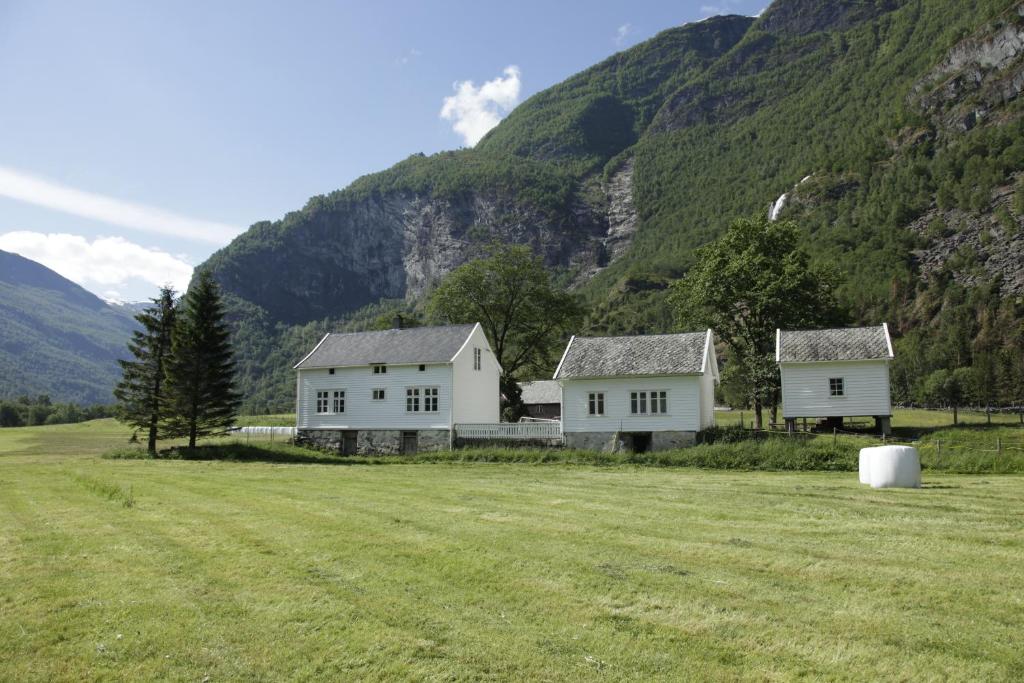 two white houses in a field next to a mountain at Brekke Gard Hostel in Flåm