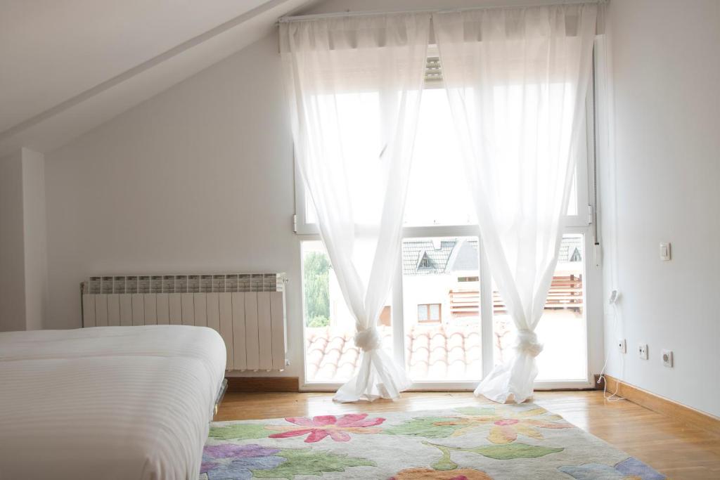 ein Schlafzimmer mit einem Bett und einem großen Fenster in der Unterkunft Vut Duplex La Puebla Parking gratis in Burgos