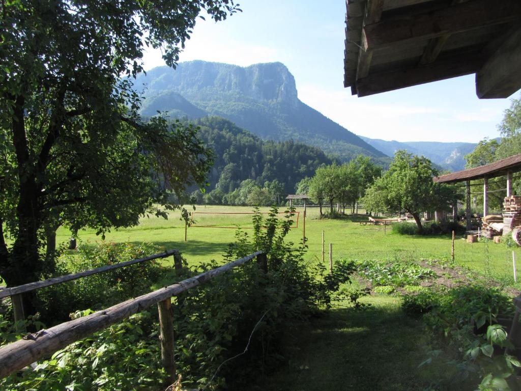 a view of a field with a mountain in the background at Ana Antloga Apartments in Bled