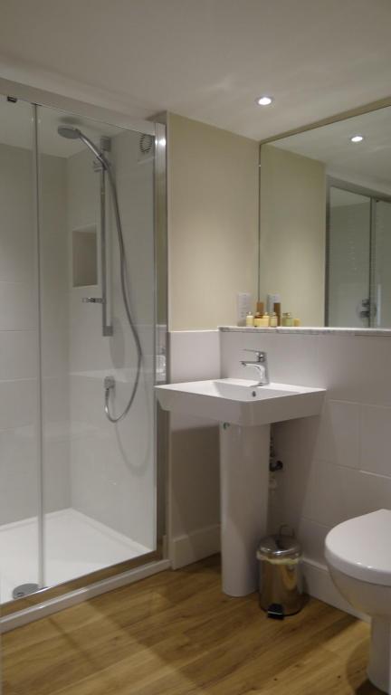 a bathroom with a sink and a shower and a toilet at The Colesbourne Inn in Colesbourne