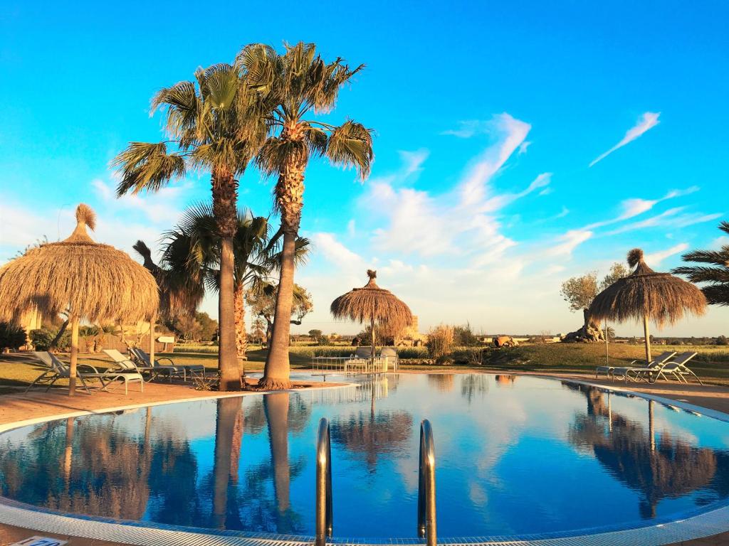 a swimming pool with palm trees and straw umbrellas at Finca Hotel Can Canals & Spa in Campos