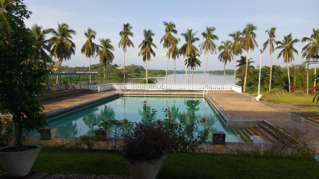 a swimming pool with palm trees and a body of water at Hostellerie de la Sanaga in Edéa