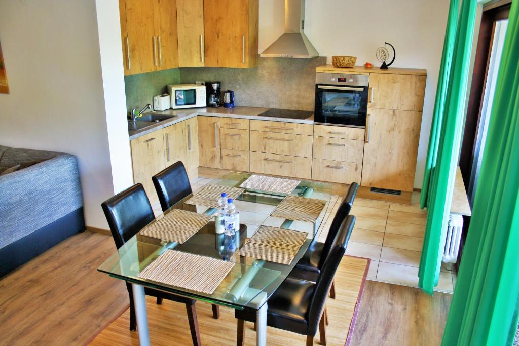 eine Küche mit einem Glastisch und Stühlen im Zimmer in der Unterkunft Apartment am Römerkreis in Heidelberg