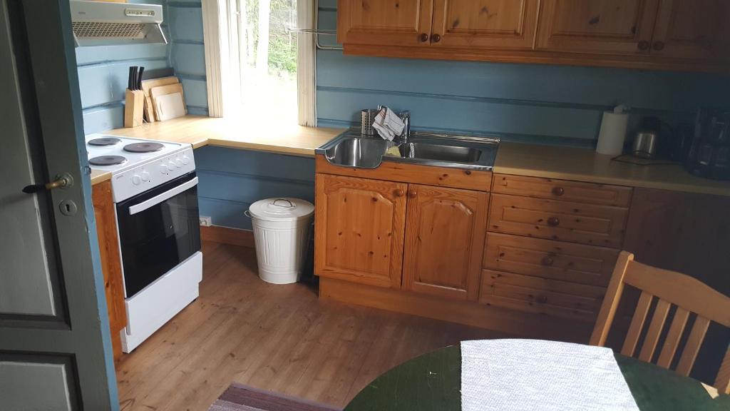 a kitchen with wooden cabinets and a stove and a sink at Eidsfoss slusevokterbolig in Lunde
