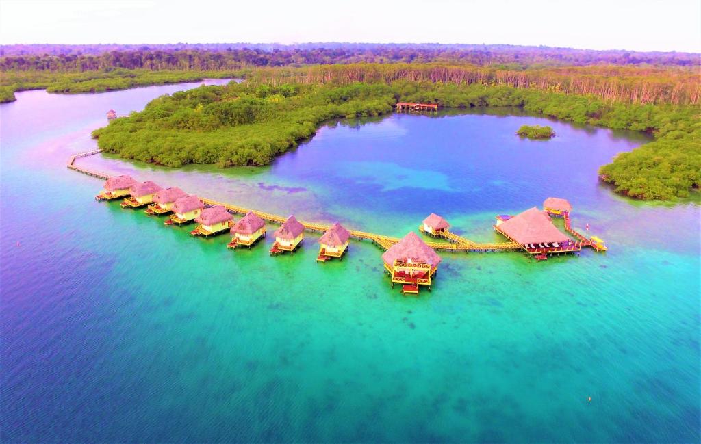 uma vista aérea de uma ilha resort na água em Punta Caracol Acqua Lodge em Bocas del Toro