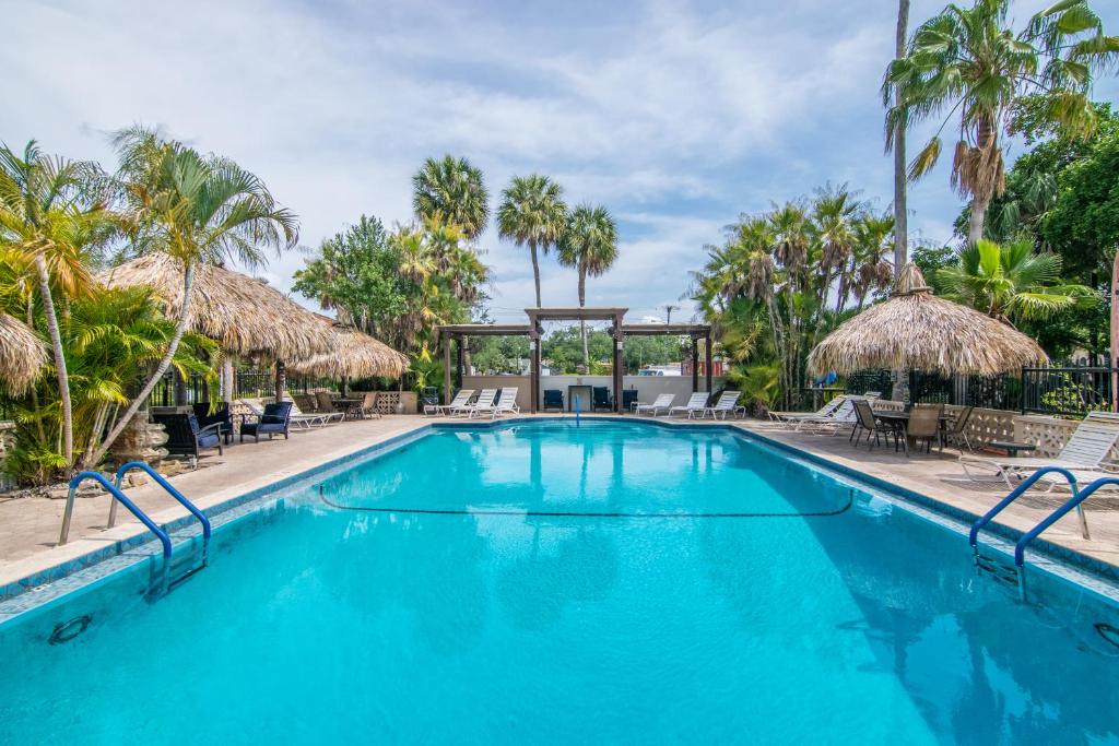 una piscina con sillas y sombrillas en un complejo en Tahitian Inn Boutique Hotel Tampa, en Tampa