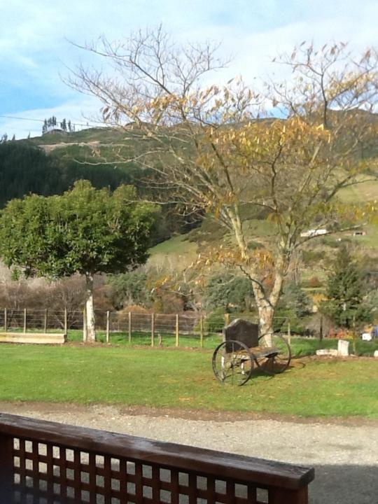 una panchina in un parco con un albero e una carrozza a cavalli di River Terrace Cottage a Motueka