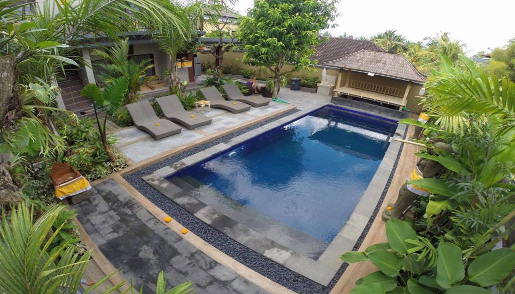 an overhead view of a swimming pool with lounge chairs at Lucky Family Cottage in Ubud