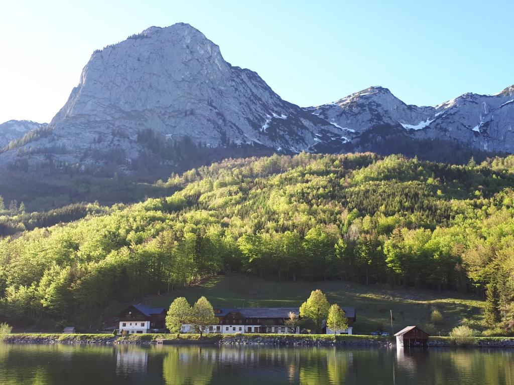 a house on the shore of a lake in front of a mountain at Pension Ladner in Grundlsee