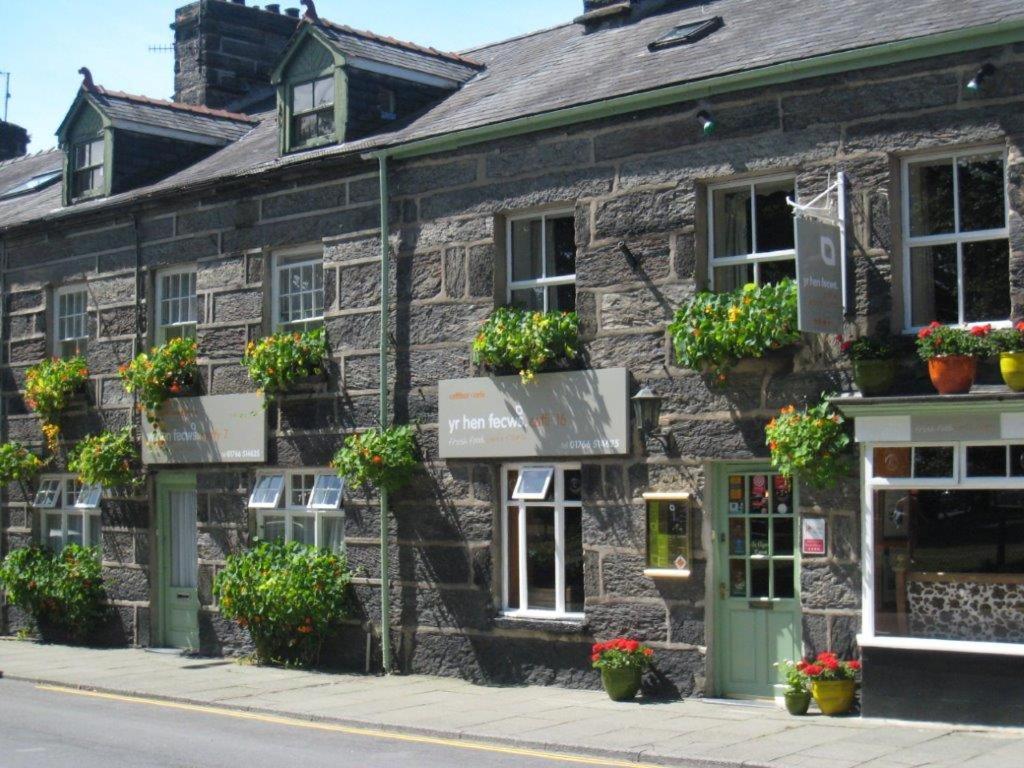 an old stone building with potted plants on it at Yr Hen Fecws in Porthmadog