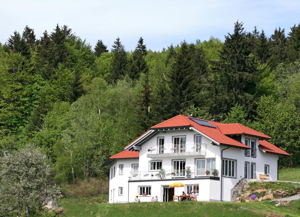 ノイシェーナウにあるFerienwohnung Boxleitnerのオレンジ色の屋根の大きな白い家