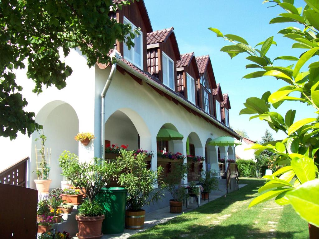 un edificio con macetas en el patio en Haus Martha, en Balatonudvari