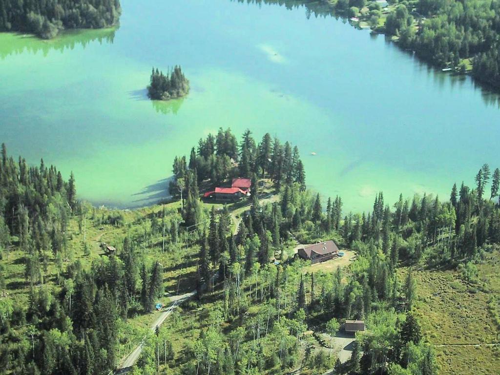 a house on top of a hill next to a lake at Ruth Lake Lodge Resort in Forest Grove