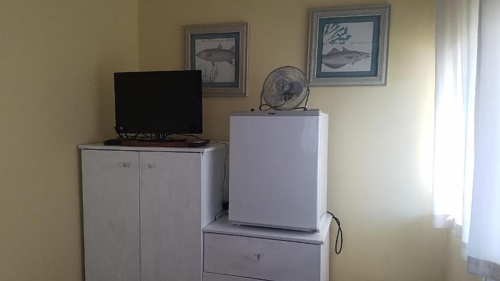 einen Fernseher auf einem weißen Kühlschrank in der Unterkunft Lake Place Resort in Glenhaven
