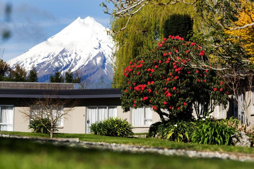 a snow covered mountain behind a house with red flowers at Ratanui Villas in New Plymouth